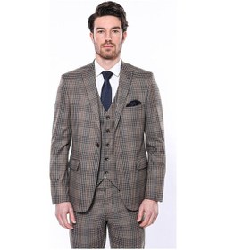 Resim Kare Desenli Slim Fit Kahverengi Erkek Ceket 001 