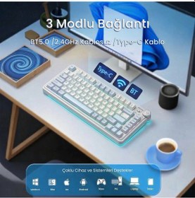 Resim Aula Au75 3 Modlu Mekanik Gaming Kablosuz Klavye Rgb Tkl Hot Swap Star Vector Switch Makrolu Oyuncu Klavyesi Buz Mavisi 