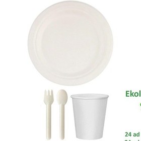Resim Ekolojik Doğal 26 Cm. 24 Kişilik Parti Piknik Sofra Sunum Seti - Tabak Bardak Çatal Kaşık Takımı 
