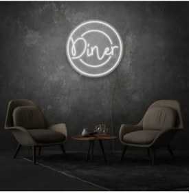 Resim Restoranlara Özel Diner Yazılı Neon Tabela Beyaz 