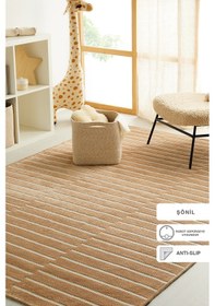 Resim Ocean Home Textile Bej Renk Çizgi Desenli Şönil Halı Kilim 120 X 180 Cm 