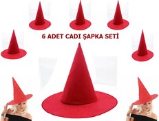 Resim Nessiworld Kırmızı Renk Keçe Cadı Şapkası Yetişkin Çocuk Uyumlu 6 Adet 