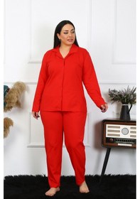 Resim Akbeniz Kadın Büyük Beden Pamuklu Cepli Düğmeli Kırmızı Pijama Takım 202401-kırmızı Kırmızı 