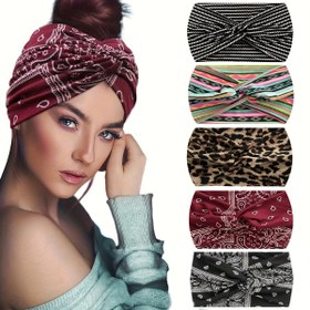 Resim 5'li Paket Kadın Geniş Saç Bandı - Bohem Tarzı Eşarplar, Yoga, Koşu ve Günlük Kıyafetler için Uygun, Şık Baş Bandı | Leopar Desenli Bandana | Rahat Baş Aksesuarları 