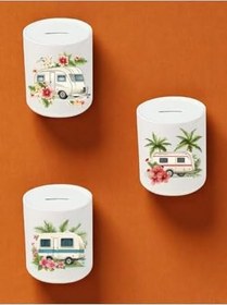 Resim Karavan ve Çiçek Deseni Baskılı 3'lü Seramik Kumbara 