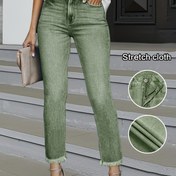 Resim Bayanlar için 2025 yeni esnek yüksek bel düz paça kısa kot pantolon, yıkanmış yeşil kenarlı denim pantolon, sokak stili kadın giyimi, rahat ve dar kesim karın kontrolü cepli pantalonlar, seyahat, iş ve ofis kıyafeti 