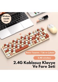 Resim Coofbe 105 Retro Tuşlu 2.4gh Kablosuz Bluetooth Klavye Mouse Seti Retro Kablosuz Klavye Mouse Set 