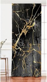 Resim RealHomes Siyah Tek Kanat Siyah Zeminde Gold Renkli Çizim Desenli Dijital Baskılı Fon Perde 