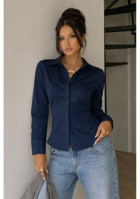 Resim Kadın Premium Gömlek Slim Fit Uzun Kollu Şık Ofis Günlük Kombin Basic Klasik Gömlek Lacivert 