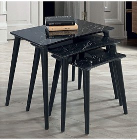 Resim 3'Lü Siyah Mermer Dikdörtgen Ahşap Zigon Sehpa E4 