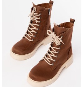 Resim 02-356 Taba Süet Düz Topuklu Bağcıklı Fermuarlı Günlük Kadın Bot Beyaz 