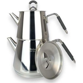 Resim Piramit Orta Silikon Kulplu Çelik Çaydanlık Takımı Siyah 