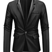 Resim Erkekler İçin İş ve Günlük Kullanım için PU Deri Ceket - Düz Renk Klasik Yaka, Tek Düğmeli Ön, Çok Cepli, Soft Shell Tasarım 