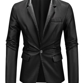 Resim Erkekler İçin İş ve Günlük Kullanım için PU Deri Ceket - Düz Renk Klasik Yaka, Tek Düğmeli Ön, Çok Cepli, Soft Shell Tasarım 