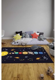 Resim Dijital Baskılı Kaymaz Yıkanabilir Eğitici Gezegen Desenli Çocuk Odası Halısı D9090 Lacivert 
