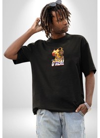 Resim Basketbol Shaquille Oneal Star Ateş Topu Siyah Oversize Unisex Ön Orta Minimal Baskılı Tişört Siyah 