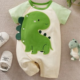 Resim Bebek Erkekler için Sevimli Yeşil Dinozor Baskılı Kısa Kollu Tulum - Yumuşak Nefes Alabilen Pamuk, Yuvarlak Yaka, Bahar/Yaz Rahat Tulum, Renk Blok Tasarımı, Dinozor Kıyafetleri, Oynak Çocuk Kıyafeti, Basit Minimalist, Dış Mekan İçin Mükemmel 