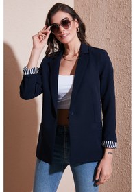 Resim Lela Standart Fit Mono Yaka Desenli Astar Detaylı Blazer Bayan Ceket 6524003 Lacivert 