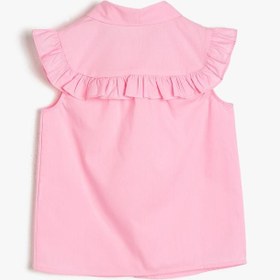 Resim Kız Çocuk Çizgili Poplin Kumaşından Yakası Nakışlı Fırfırlı Kısa Kollu Gömlek 