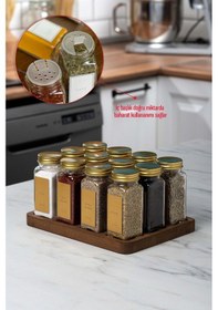 Resim Mienda Home Ahşap Standlı Cam Baharatlık Seti Gold Kapak-etiket 12'li Baharatlık Takımı-mh01gld12 Gold - Şeffaf 