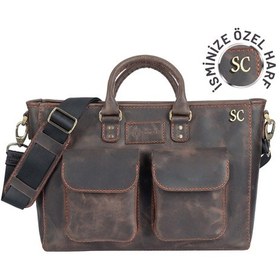 Resim Kişiye Özel Deri Crazy Evrak / Laptop Çantası Kahverengi 