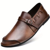 Resim Erkek Retro Stil Slip-On Loafers, Düz Renk Süper İnce Fiber Sentetik Üst, Kauçuk Taban, Yuvarlak Burun Rahat İş Ayakkabıları, Tüm Mevsimler İçin Dekoratif Düğme Tasarımı ile Uygun, Klasik Vintage Görünüm, Rahat PU Taban, Yarı Resmi ve Rahat Durumlar İçin Uygun 