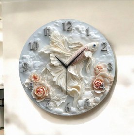 Resim Renkli Baskı Balık Gül Çiçek Desenli Sayılı Hediyelik Ahşap Sessiz Duvar Saati 50cm ÇOk Renkli 