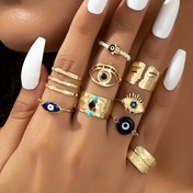 Resim 9 adet Vintage Yığın Yüzük Retro Göz / Hamsa'nın Avuç İşareti / Yüz Tasarımı Günlük Kıyafetler ve Partiler İçin Karıştır ve Eşleştir Aksesuarı Soğuk Arkadaşlar İçin Mükemmel Dekor 