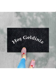 Resim Balkon Ve Iç Dış Kapı Yıkanabilir Nem Alıcı Toz Alıcı Halı Kapı Önü Paspası Türkçe Hoş Geldiniz Siyah - Altın 