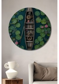 Resim Ahşap Dekoratif Tablo Nilüferler Arasında Tekne Yuvarlak Duvar Tablosu 9-8794 - 45 X 45 