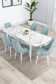 Resim Canisa Kar Serisi 80x132 Mdf Beyaz Mermer Desenli Masa 4 Su Yeşili Sandalye 1 Bench Mutfak Masası Takımı 