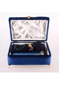 Resim Çizgili Kutu Çeyizlik, Şal + Seccade + Tesbih + Kuran Hediye Seti Çanta B. Kadife, Lacivert 