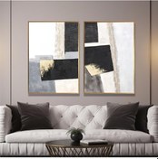 Resim Yağlı Boya Dokulu Tablo Siyah Gri Gold Soyut İkili Set Altın Çerçeveli U08014-179025 