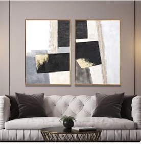 Resim Yağlı Boya Dokulu Tablo Siyah Gri Gold Soyut İkili Set Altın Çerçeveli U08014-179025 