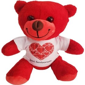 Resim Kalpli Seni Seviyorum Tişörtlü Kırmızı Ayıcık Peluş Ayı 