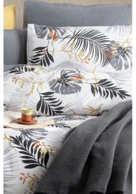 Resim Lastikli Çarşaflı Çift Kişilik Nevresim Takımı Monstera Gri Gri 