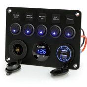 Resim 5 Gang Çok Fonksiyonlu Rocker Anahtarı Arka Aydınlatmalı Çift USB Şarj Cihazı, Dijital Voltmetre, 12V Çıkış Önceden Bağlı Anahtar Panosu İle İç Mekan Kamyonu Araba Deniz Tekne İçin İç Mekan Kamyonu Araba Deniz Tekne İçin, Pil Olmadan 