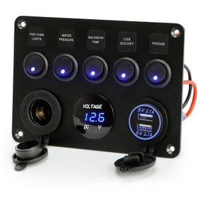 Resim 5 Gang Çok Fonksiyonlu Rocker Anahtarı Arka Aydınlatmalı Çift USB Şarj Cihazı, Dijital Voltmetre, 12V Çıkış Önceden Bağlı Anahtar Panosu İle İç Mekan Kamyonu Araba Deniz Tekne İçin İç Mekan Kamyonu Araba Deniz Tekne İçin, Pil Olmadan 