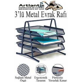 Resim Renkli Metal Evrak Rafı 3 Lü 1 Paket Masa Üstü A4 Dosya Düzenleyici Kağıt Tepsisi Metal Fileli Üç Katlı Hareketli Perfore Lacivert 