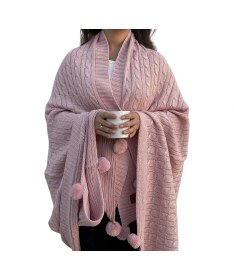 Resim Ponponlu Triko Örme Tv Battaniyesi Örgü Koltuk & Omuz Şalı & Diz Battaniyesi 130x170 Cm-pudra Pudra Pudra 