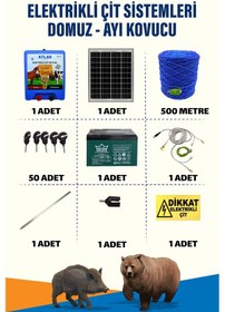 Resim 500mt 1-5 Dönüm Domuz Kovucu Elektrikli Çit Sistemi 14a Akü Ve 25w Güneş Panelli 
