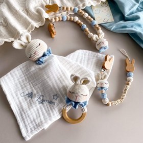 Resim Amigurumi İsimli Tavşan Uyku Seti Mavi - 4 Parça Bebek Seti İsimli 