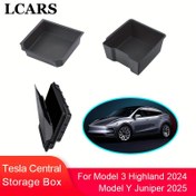 Resim Tesla Model 3 Highland 2024 ve Model Y Juniper 2025 için uygun Orta Kontrol Ön ve Arka Çift Katmanlı Depolama Kutusu Kol Dayanağı Gizli Kutu Araba Depolama Aksesuarları 