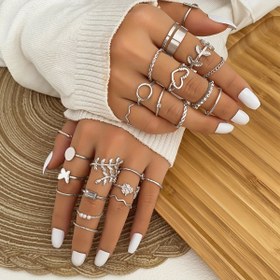 Resim 24 parça/set Retro Tasarım Yağ Damlalı Kelebek ve Yaprak Yığın Yüzük Seti, Günlük Kullanım ve Hediye Verme İçin Uygun 