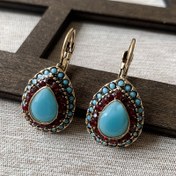Resim Zarif Vintage Tarzı Gözyaşı Şeklinde Turkuaz & Kırmızı Taşlı Küpeler, Altın Tonlu Boncuklu Çerçeve - Paslanmaz Çelik Kancalar, Günlük Kullanım & Özel Günler İçin İdeal, Ona Mükemmel Hediye 