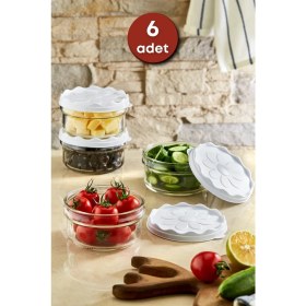 Resim Mediterian Beyaz Papatya Desenli Cam Kahvaltılık Saklama Kabı 415 cc, 6'lı, TR Menşei 