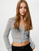 Resim Crop File Kapşonlu Fermuarlı Sweatshirt Simli Slim Fit 