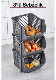 Resim 3 Katlı Tekerleksiz Plastik Sebzelik Patates Soğanlık Saklama Ünitesi Mutfak Organizeri Gri 