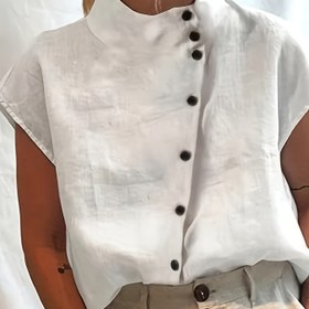 Resim Kadınların Stand Yaka ve Tek Düğmeli Placketli Zarif Beyaz Kısa Kollu Gömleği - Yaz, Rahat Kıyafet, Rahat Yaz Üstü için Mükemmel|Minimalist Tasarım|Tek Düğmeli Gömlek 