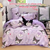 Resim 4 adet Yatak Seti, Sevimli for kuromi Baskılı Yatak Odası Malzemeleri, Moda Nevresim Kılıfı, Uyumlu Çarşaf, 1 * Nevresim Kılıfı + 2 * Yastık Kılıfı, 1 * Uyumlu Çarşaf, Yumuşak ve Dayanıklı Yatak Odası Çarşafı 